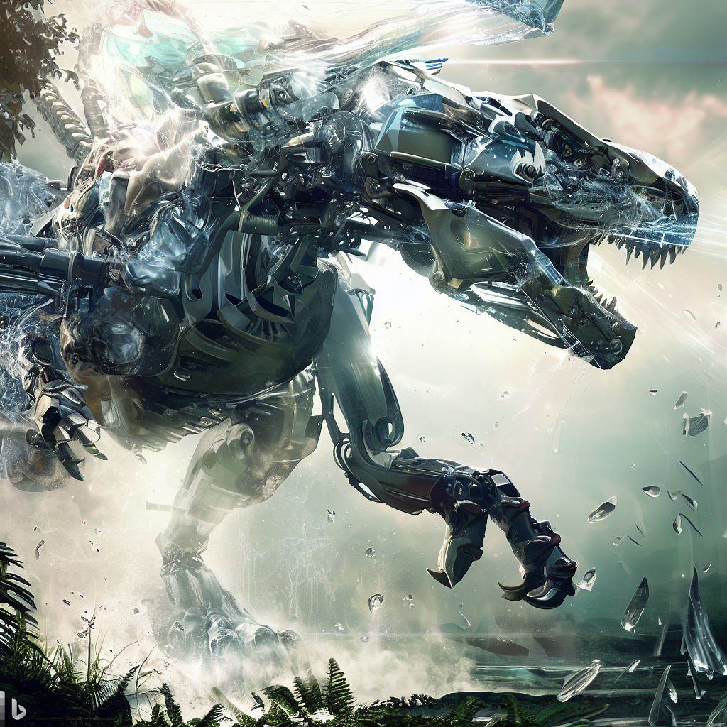 futuristic dinosaur mech with glass body, fighting, shatter, fauna in foreground, water spray, detailed smoke and clouds, lens flare, realistic, h.r. giger style 3.jpg